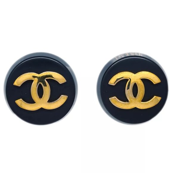Auth Chanel Button Earrings Clip-On Black Gold - Picture 1 of 9